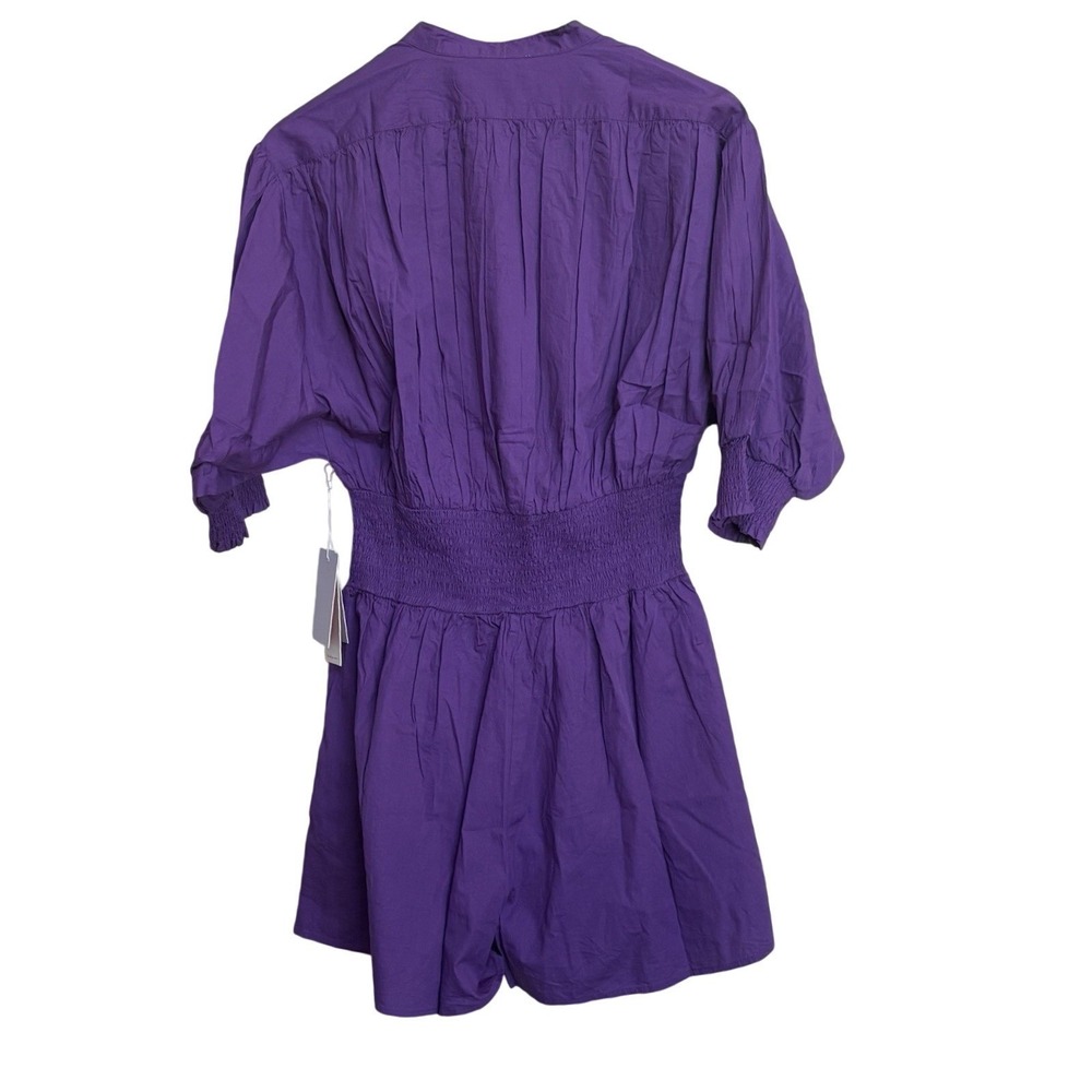 NWT Never A Wallflower Purple Smocked Waist Romper Size Large Cotton Puff Sleeve - Picture 3 of 8